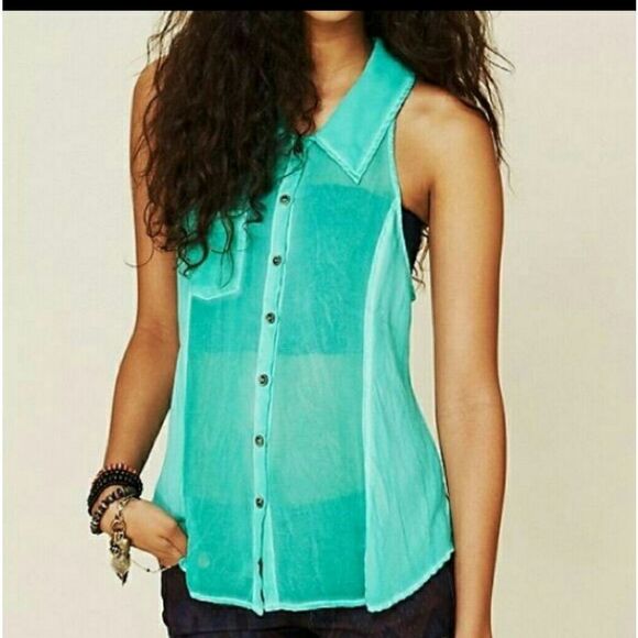 Free People Xs green sheer  sleeveless top - Picture 1 of 5